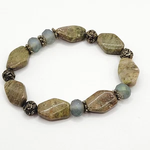 Jasper Brown and Green Natural Stone with Glass and Metal Bead Stretch Bracelet - Picture 1 of 21