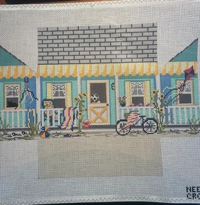 Needle Crossing Stand Up Summer Beach House 13 mesh 11" x 14" needlepoint - Picture 1 of 9