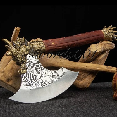 Hacha de batalla táctica de acero inoxidable hacha de dragón caza palo de rosa Tomahawk Foto 1 de 4