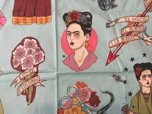 Frida Kahlo Alexander Henry Cotton Fabric Remnant Si Te Lori 21x18" Flowers Blue - Picture 1 of 10