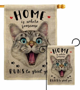 Runs To Greet Burlap Garden Flag Animals Cat Small Gift Yard House Banner - Picture 1 of 19
