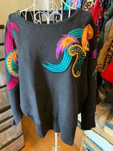 *VINTAGE* 1980s Festive Black Holiday Sweater with Beaded Paisley Patchwork - 2X - Picture 1 of 7