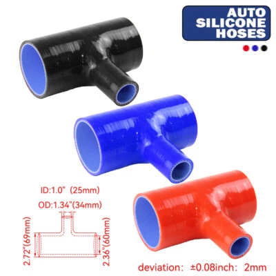 2.36" 60mm T Piece Silicone Hose Tube 1" 25mm Spout & Clamps Black/Red/Blue - Image 1 of 4