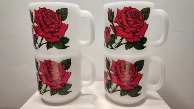 Set of 4 Glasbake Language of Flowers Milk Glass Mugs - Pink Rose - Image 1 of 4