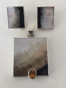 Marta Howell 925 Silver BlackLip MoP Shell Citrine Pendant Earrings Set - Picture 1 of 12