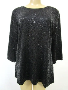 Top adornado con lentejuelas Isaac Mizrahi Live negro talla M manga 3/4 NUEVO - Imagen 1 de 6