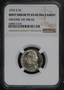 1972-S Jefferson Nickel NGC PF-65 Ultra Cameo Mint Error Obverse Die Break - Picture 1 of 2