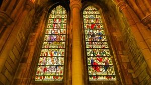 Church Stained Glass Windows Architecture Landmark Old -17" x 22" Fine Art Print - Picture 1 of 1