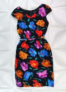 David Meister Sz 10 Black Colorful Floral Belted Sheath Pencil Dress V Neck RARE - Picture 1 of 12