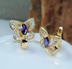 2.00 Ct Marquise Simulated Amethyst Stud Hoop Earrings 14K Yellow Gold Plated - Picture 1 of 4