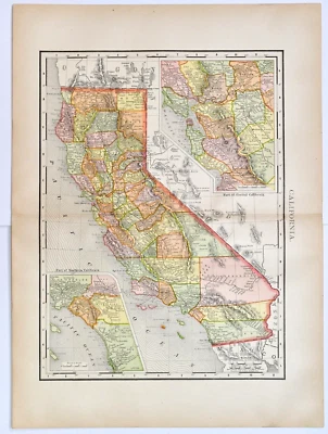 Antique Map of California 1895 - Engraving Colored by W & A K Johnston London - Image 1 of 4