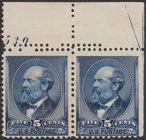 5¢ LARGE BANK NOTE DOUBLE PERFS AT TOP #216 PAIR, NO GUM, FINE, SOUND, CAT $150+ - Picture 1 of 2