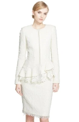 NUEVO CON ETIQUETAS Oscar de la Renta Chaqueta y Falda Peplum Encaje Blanco Talla 10 Foto 1 de 4