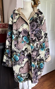 Quilted Crinkle Jacket Coat Sz XL - 2XL Silky Satin Floral Hooded Lightweight - Picture 1 of 14