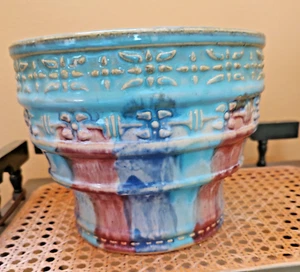 Early Hull Art Pottery Vintage Stepped Stoneware Jardiniere Teal Blu Brown - Picture 1 of 12