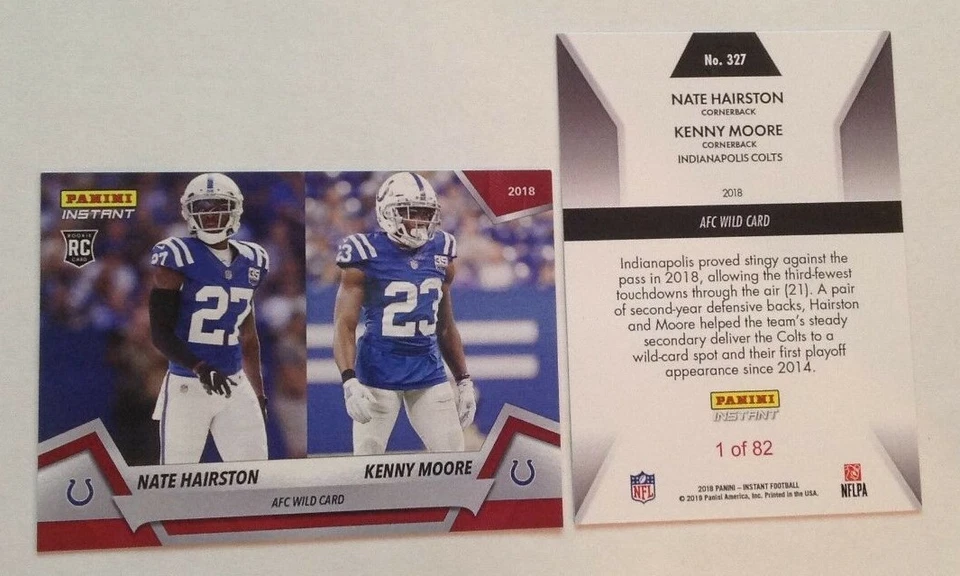 2018 Panini Instant Playoffs Red #/82 Made COLTS - Kenny Moore/Nate Hairston RC - Image 1 of 1