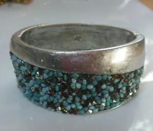 Vintage Signed KC Black & Blue Crystal Accent Hinged Cuff Bracelet - Picture 1 of 5