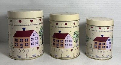 VTG 3 Nesting Tin Canisters Set Country Sampler Metal Farmhouse Primitive 1990s? - Image 1 of 4