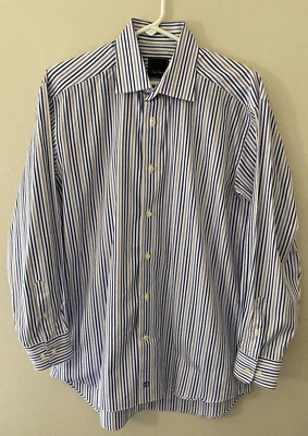 Camisa David Donahue para hombre 16-32/33 blanca/azul/rosa a rayas manga larga abotonada Foto 1 de 4