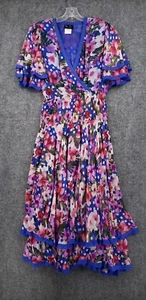 VINTAGE Diane Freis Dress Womens XL Blue Floral Midi V Neck Silk Fit Flare Boho - Picture 1 of 16