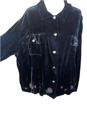 J Jill XL Camisa Chaqueta Botón Negro Terciopelo Seda/Rayón Bordado Bolsillos Foto 1 de 4