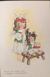 Vintage Weihnachtsgrußkarte CuteEngel Befestigung jüngere Engel Haar Kerzen auf Kopf - Bild 1 von 3
