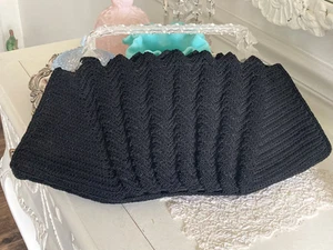 Vtg1940s Black Corde Handbag Purse Scalloped Edge Lucite Twisted Handle 17" - Picture 1 of 9