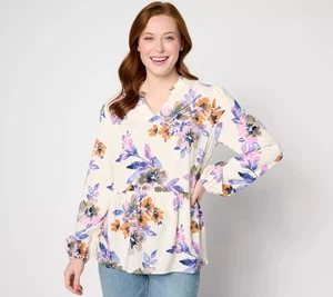 Denim & Co. Bedruckte Bluse gesmoktes Bündchen Natur M Neu - Bild 1 von 1