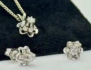 Vintage ACO 14K White Gold Diamond Buttercup Pendant Necklace& Stud Earrings Set - Picture 1 of 12