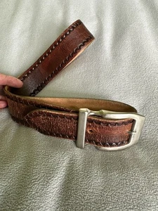 Cintura pelle vintage uomo 30 design lavorato a mano western argento fibbia ottone USA - Foto 1 di 7