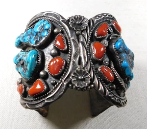 NAVAJO W CHEE STERLING Stamped Domed Turquoise Coral Handmade Vintage BRACELET - Picture 1 of 8