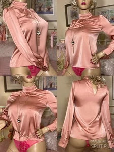 HIGH SHINE LIQUID SATIN Vintage Style Nude Secretary GOVERNESS Mistress BLOUSE - Picture 1 of 24