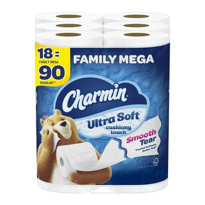 Charmin Toilet Paper Ultra Soft Cushiony Touch, 18 Family Mega Rolls = 90 - Image 1 of 4
