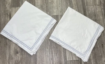 2-Restoration Hardware Italian Hotel Satin Stitch Pillow Shams King White&Blue - Image 1 of 4