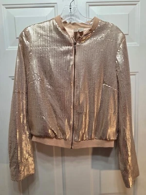 Jaqueta Bombardeiro Forever 21 Lantejoulas Ouro Rosa Brilhante Zíper Frontal Forrada de Cetim Feminina M - Imagem 1 de 4