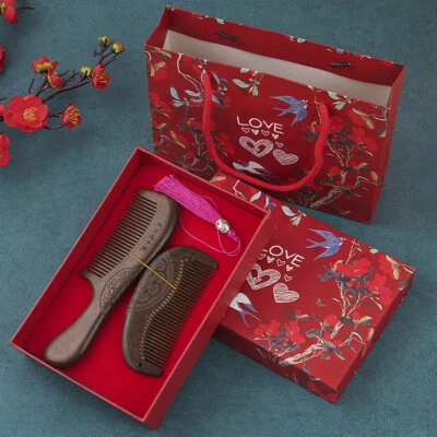 2Pcs Handmade Wooden Comb Set - Natural Green Sandalwood Beautiful Comb Gift - Image 1 of 4