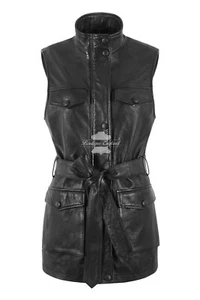 Ladies Trench Gilet Black Long Classic Style Waist Belted Vest Leather Waistcoat - Picture 1 of 10