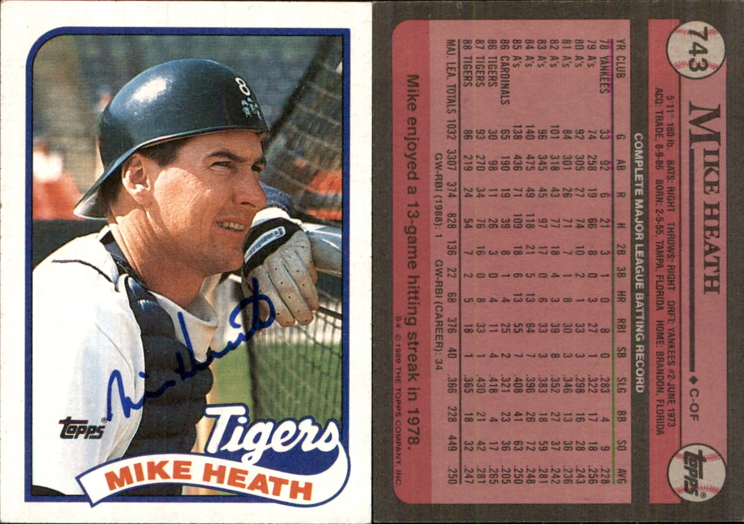 Mike Heath Signed 1989 Topps #743 Card Detroit Tigers Auto AU