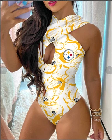 Pittsburgh Steelers One-piece Bikini Swimsuit Hollow-out Criss Cross Bathing Set Cover