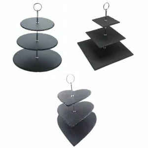Natural Cake Stand 3 Tier Slate Platter Tea Wedding Plates Party Tableware - Picture 1 of 4