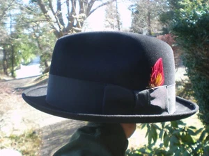 Mallory Fifth Avenue Felted Fedora Hat-Black w/red feather-sz 7 3/8-men's Mint - Picture 1 of 10