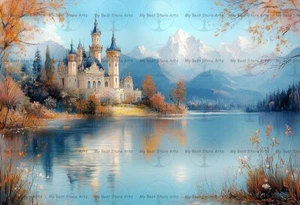 IMPRESIÓN ARTÍSTICA CASTILLO DREAMY LAKE ISLAND, decoración Cottagecore, póster lago de otoño, E071 - Imagen 1 de 4