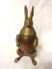 ARTHUR COURT BRASS AND WOOD RABBIT HINGED LID INKWELL TOBACCO BOX  1981