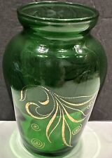 Anchor Hocking Emerald Green Glass Vase w Gold Swirl and Leaf Design 3.75" Tall