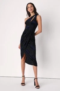 NEW Lulus Drinks at Dusk One Shoulder Navy Floral Velvet Dress Size Small NWT - Picture 1 of 7