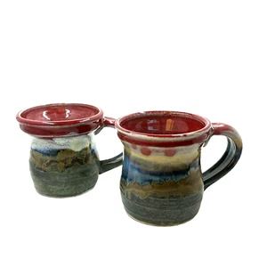 Signed Pottery Mugs, Blue & Green Brown Drip Glaze Set Of 2 - Foto 1 di 11