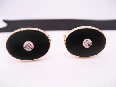 Vintage Retro Mid Century Modern 14K Gold Diamond Black Onyx Cufflinks Buttons - Image 1 of 4