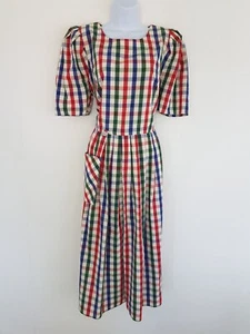 Vintage Dress Long Retro Check Red Blue Green Pockets Pleated Maxi Size 16 18 - Picture 1 of 16