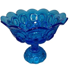 Vtg L E Smith Blue MOON & Stars Pedestal Fruit Bowl COMPOTE Glass Candy DISH - Picture 1 of 5