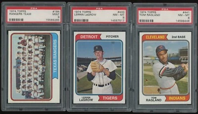 1974 Topps Lot #433 Lerrin LaGrow #441 Tom Ragland PSA 8 #184 Rangers Team PSA 9 - Image 1 of 2